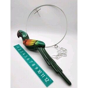 Vtg Hand Painted Ceramic Parrot Figurine Hanging On Metal Ring Folk Art